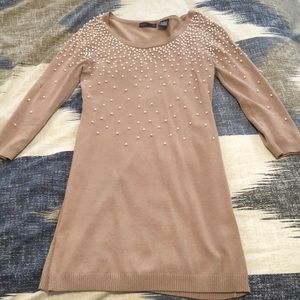 Brown sweater dress with pearl accents